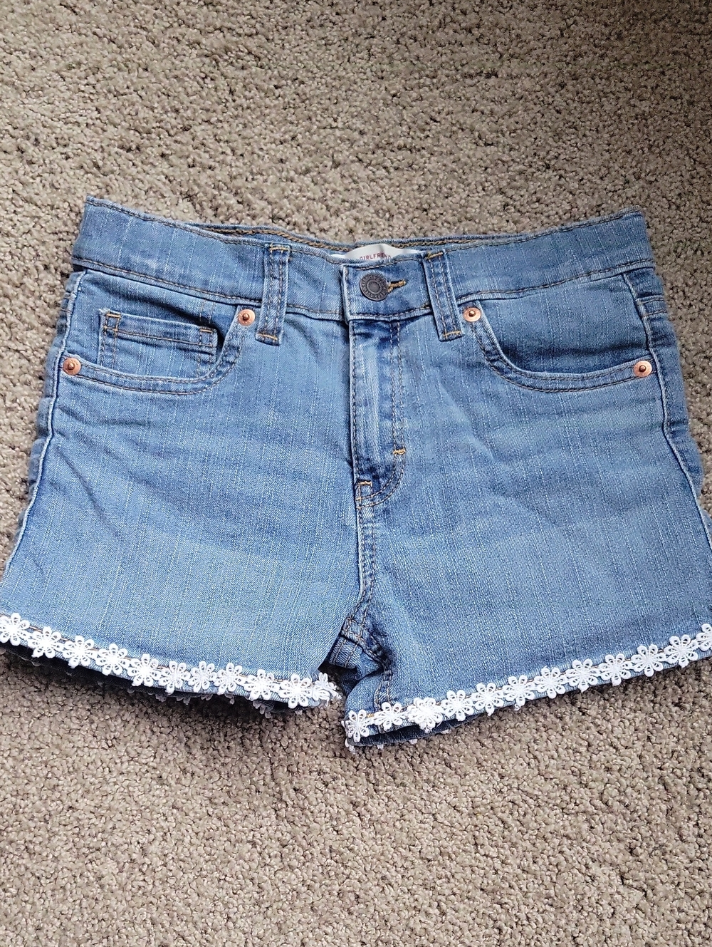 Girls’s Light Blue Denim Shorts with White Lace Trim